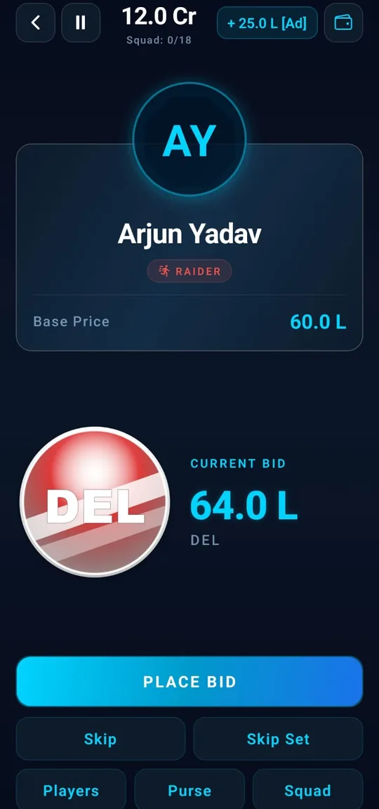 Kabaddi league auction game screenshot 2